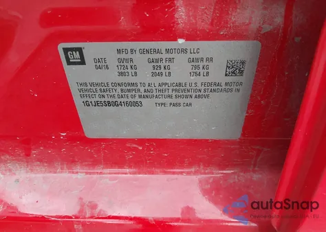 2016 Chevrolet Sonic Ltz Auto z USA, uszkodzony, nr VIN 1G1JE5SB0G4160053